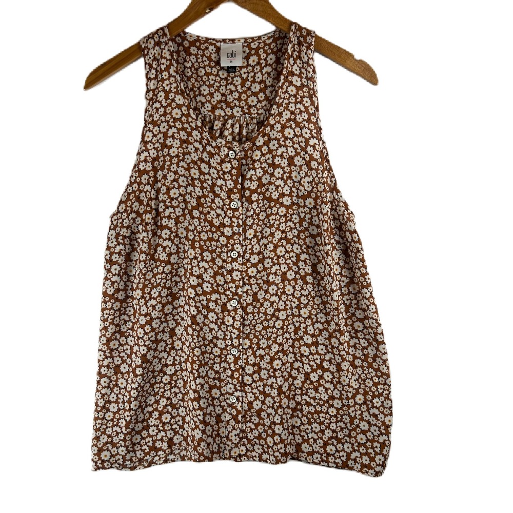 Cabi Womens Brown‎ Daisy Lark Floral Button Front Sleeveless Top 4358 Size M